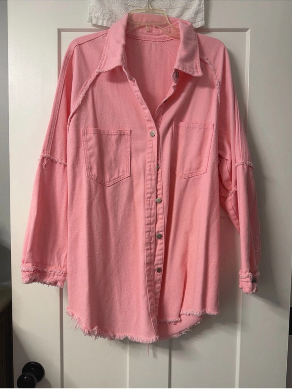 Zenana Outfitters Pink Raw-Edge Oversized Jean Jacket